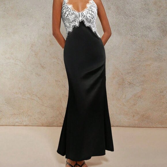 Black Elegant Women's Lace Patchwork Maxi Cami Dress - Picture 7 of 9